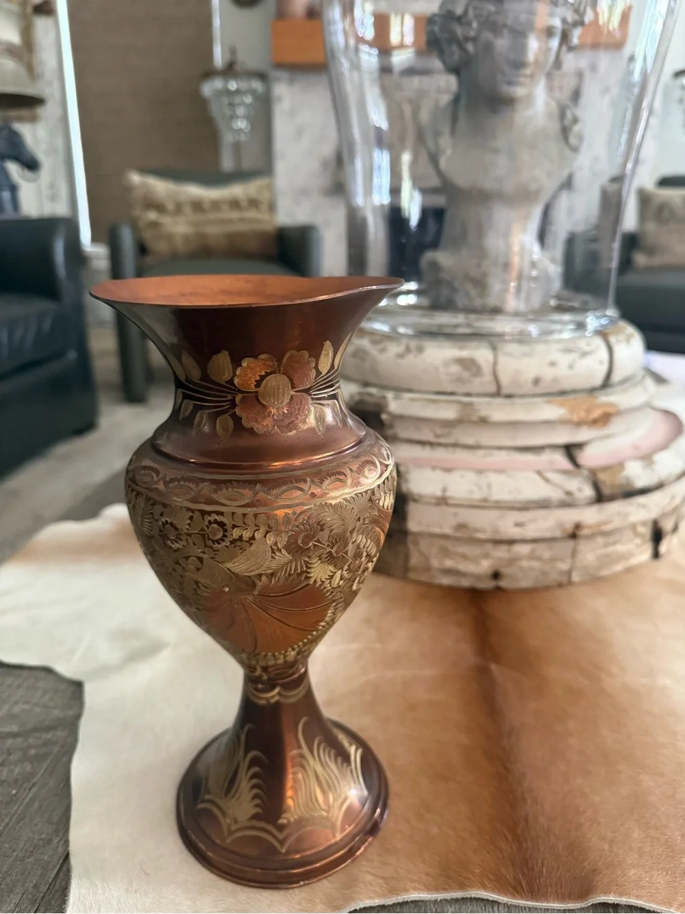 Ornate Copper-Tone Decorative Vase - Floral Etched Accent
